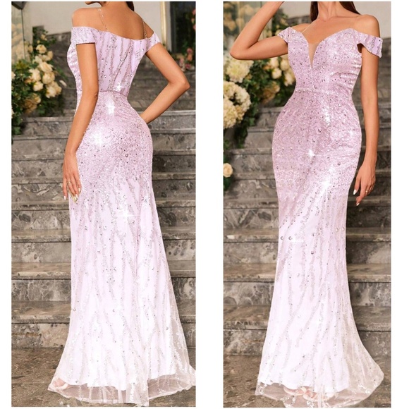 Ombre Sequin Off Shoulder Bodycon Party Formal Prom Wedding Dress - Picture 7 of 9